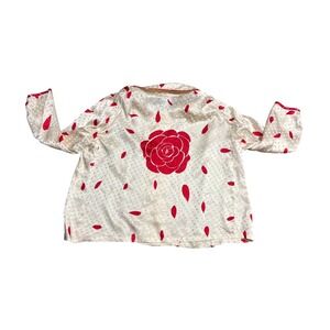 Vintage 80s Cream Red Rose Polka Dot Peter Pan Collar Blouse Womens Medium as is